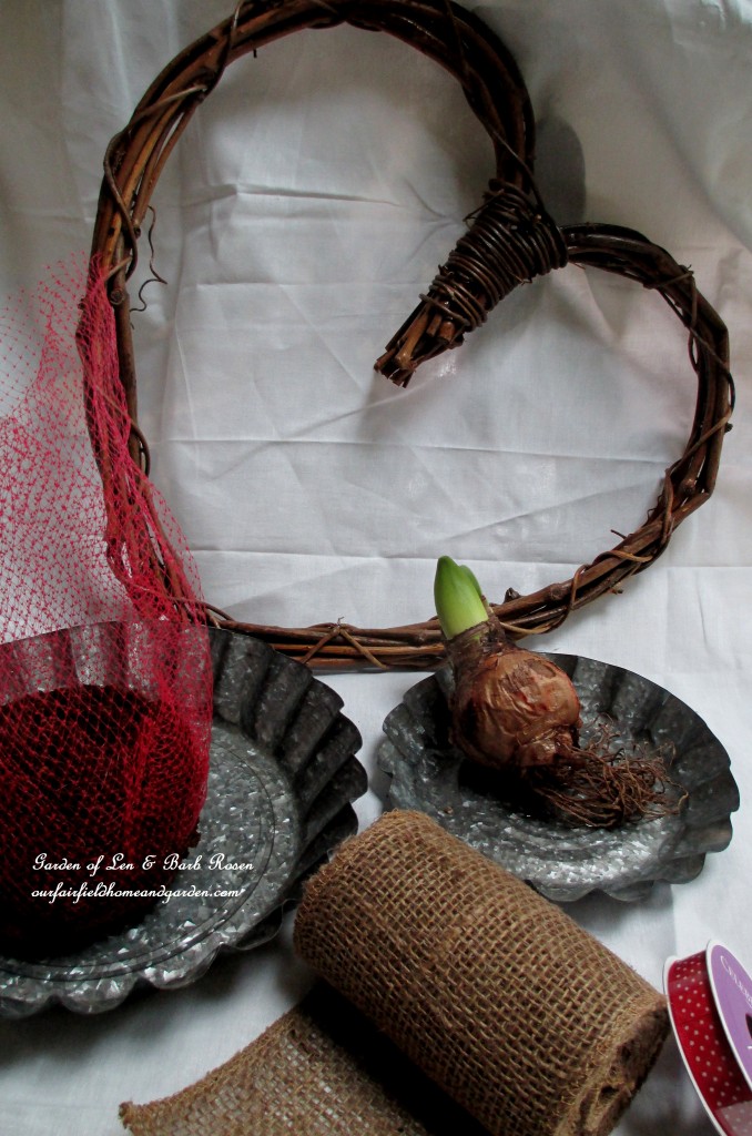All you'll need: amaryllis bulbs, potting soil, netting, burlap and a wreath https://lolajack-global.jp.net/diy-amaryllis-heart-wreath/