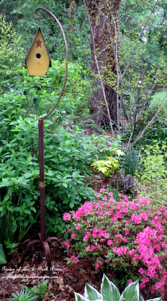 Rusty birdcage stand holds a birdhouse