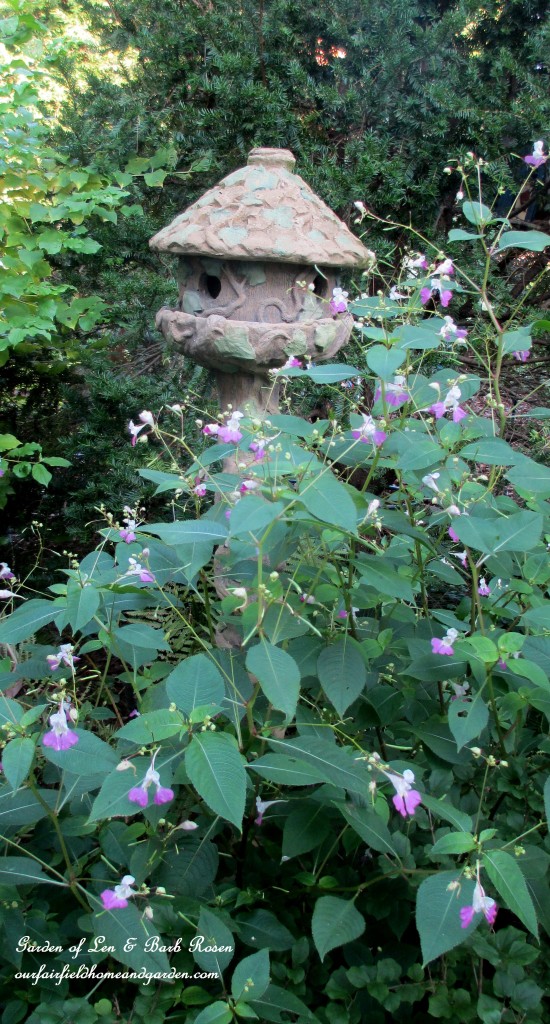 Impatiens Balfourii & the concrete birdhouse https://lolajack-global.jp.net/garden-walk-early-fall-garden/