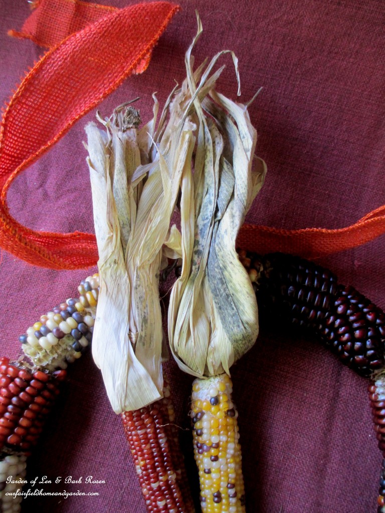 Tie the smaller Indian Corn on with wired burlap ribbon. https://lolajack-global.jp.net/diy-fall-corn-cob-wreath/