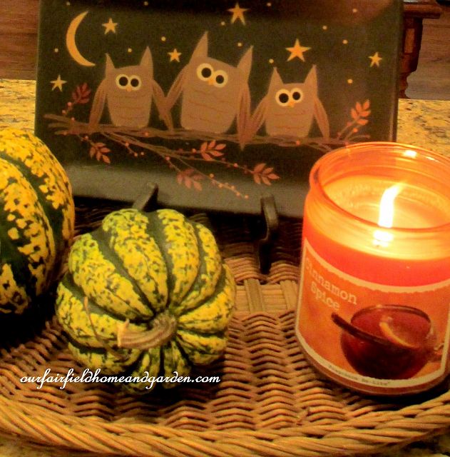 Little owl tray, gourds and a scented candle in our Fall kitchen. https://lolajack-global.jp.net/autumn-garden-accents-inside-and-out/