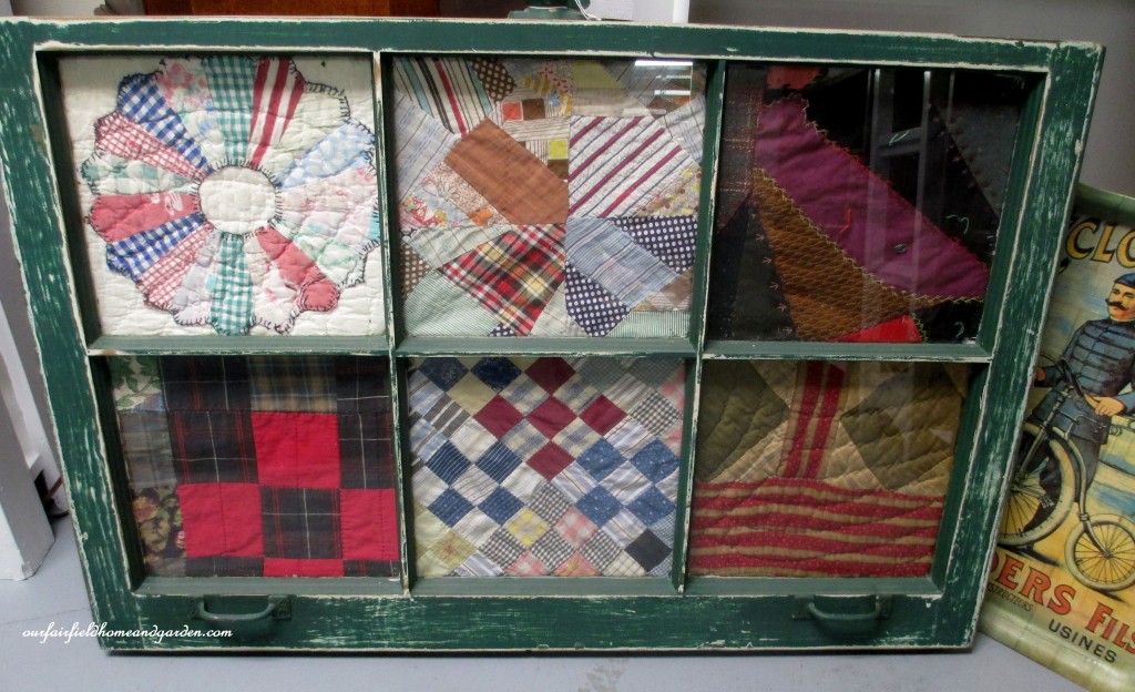 Quilt scraps framed in an old window https://lolajack-global.jp.net/recycled-window-picture-frame/